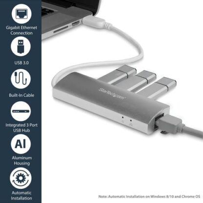 StarTech.com 3-Port Portable USB 3.0 Hub plus Gigabit Ethernet - Built-In Cable