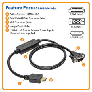 Tripp Lite P566-006-VGA HDMI to VGA Active Adapter Cable (HDMI to Low-Profile HD15 M/M)